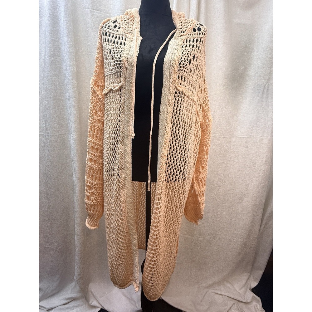 POL Pink Peach Open Knit Crochet Cardigan Kimono Sweater Hoodie Oversized Large